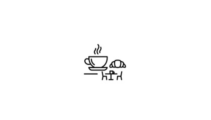 Minimalist icon of a coffee cup and croissant on a table with chairs, perfect for cafes and breakfast establishments