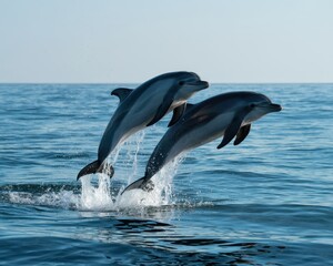 Fototapeta premium Two playful dolphins leap joyfully out of the ocean waves creating a splash of water