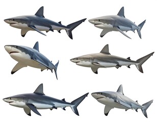 Obraz premium Six sharks in various poses against a white background