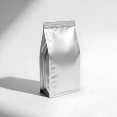 Blank Silver Packaging Bag Standing Upright on White Background