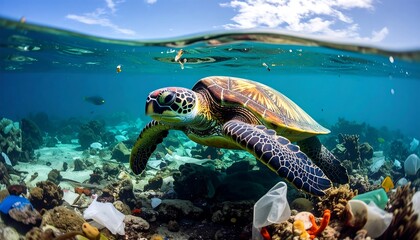 Sea Turtle Swimming in Clear Blue Ocean Water Near Coral Reef.