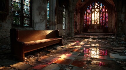 Interior of a decaying church with stained glass windows and a wooden bench inside