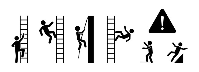 Stickman falling from ladder and climbing accident danger icon set. Safety warning illustration, work injury risk, construction hazard, workplace accident prevention vector pictogram collection.