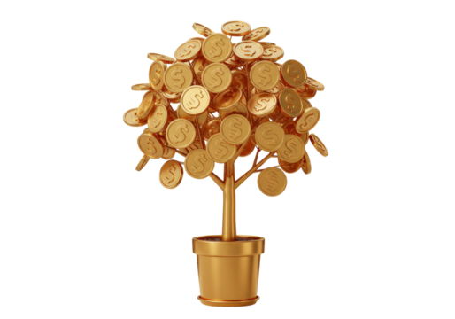 Isolated money tree, cash growing in golden pot, concept of investment and savings