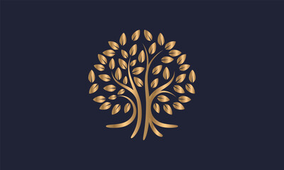 Tree icon, gold color, separate background, navy blue, simple and elegant.