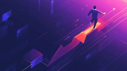 Man walks upward arrow, growth chart background, success concept, business