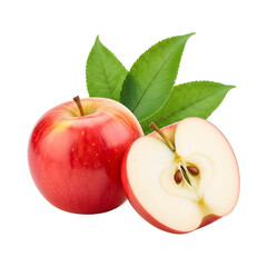 Fresh red apples one whole and one sliced in half with green leaves isolated on white background