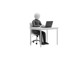 Isolated 3D render of a minimalist character working on a laptop at a desk representing office work productivity and digital communication