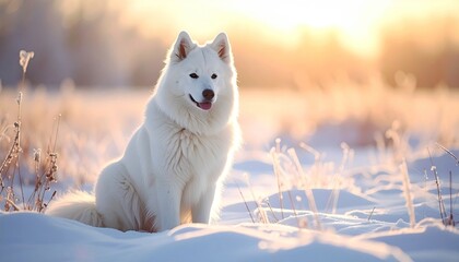 Obraz premium Majestic White Samoyed Dog Sitting Serenely on Snow Covered Field at Winter Sunset with Golden Hour Light in a Winter Landscape