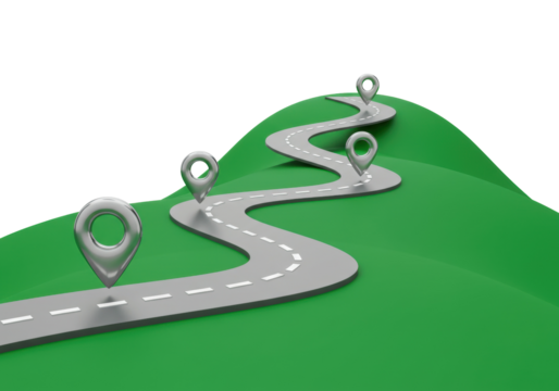 Isolated winding road on green hills with silver map pin markers showing a journey or travel route concept for navigation