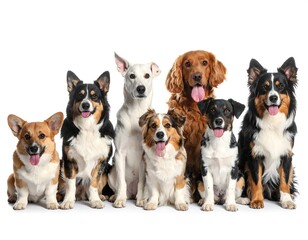 Diverse Group of Dogs Posing Together on White Background.