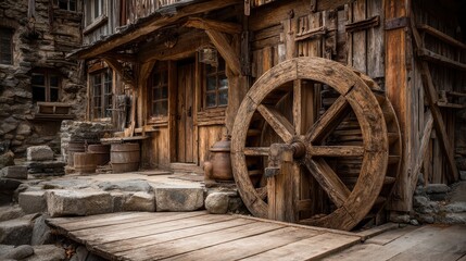 Rustic old wooden watermill with a large water wheel and weathered timber architecture