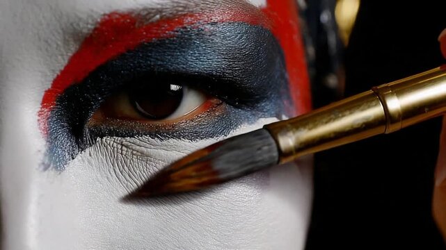 Extreme Close Up Of A Person Getting Detailed Theatrical Makeup Applied To Eye.