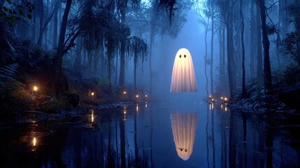A Spooky Ghost Floats Over a Reflective Lake in a Mystical Forest Halloween Scene