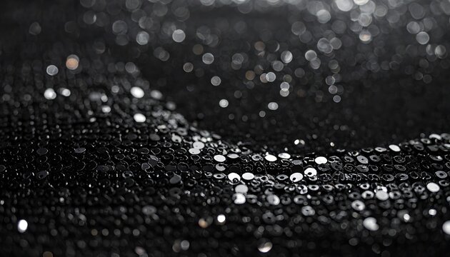 Abstract background of black sequin fabric with bokeh effect, luxury fashion concept