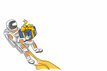 Continuous one line drawing astronaut flying using jetpack and holding gift box. Technology that makes human life easier. A memory. National Astronaut Day. Single line draw design vector illustration