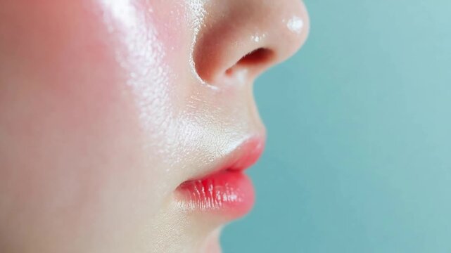 Close up of Dewy Skin and Moist Lips Reflecting Light Against a Soft Blue Background.