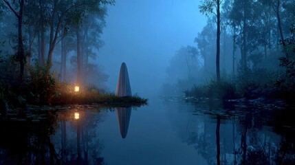 A Mystical Landscape with a Figure and Reflections in a Serene Misty Environment