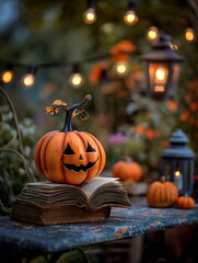 Halloween Pumpkin with Books on Table, Blurred Autumn Garden Background