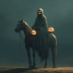 Night Rider on a Scary Horse with Pumpkins in Dark Halloween Atmosphere