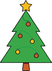 Vector illustration of a festive green christmas tree with golden ornaments and star isolated on transparent background