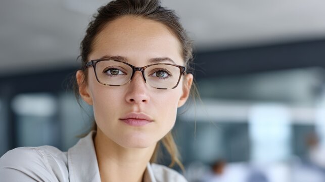 Beautiful businesswoman in eyeglasses, with a focused expression in a modern office setting. 