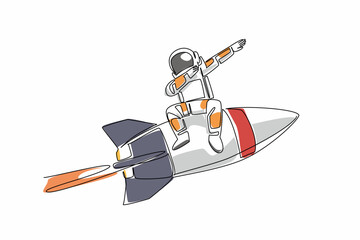 Single continuous line drawing astronaut sitting on rocket while posing dabbing style. Expression of excitement towards first expedition. National Astronaut Day. One line design vector illustration