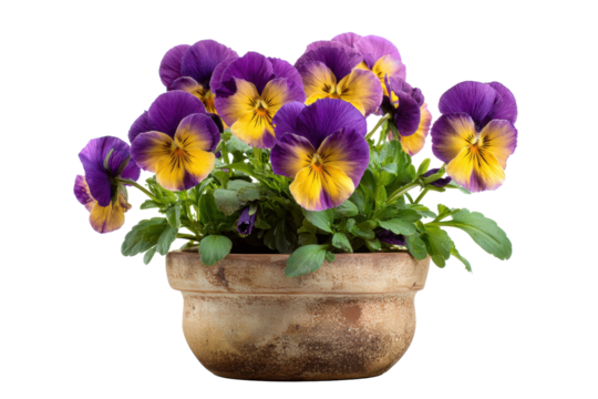Pansies in a rustic ceramic pot on white background - Powered by Adobe