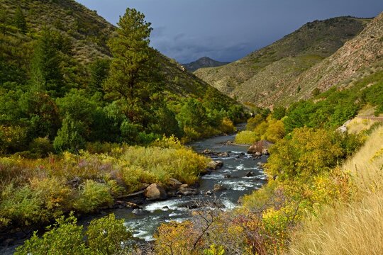 Beautiful early fall scene with a mountain backdrop  next to the south platte river  in  waterton canyon, littleton, colorado  