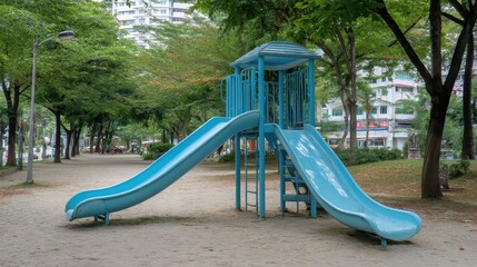 Empty blue playground slide structure in a public park surrounded by green trees and urban buildings