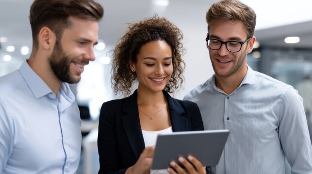 Business team using tablet and digital tools during a meeting in modern office, smiling and discussing strategy.