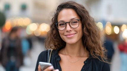 Charming biracial woman with glasses, smiling at the camera while holding a smartphone, with a lively urban street and bokeh effect in the background.
