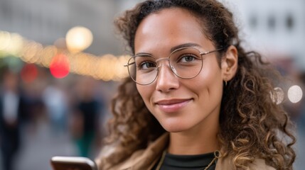 Charming biracial woman with glasses, smiling at the camera while holding a smartphone, with a lively urban street and bokeh effect in the background. 