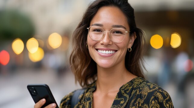 Charming biracial woman with glasses, smiling at the camera while holding a smartphone, with a lively urban street and bokeh effect in the background. - Powered by Adobe