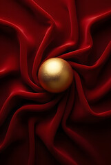 Golden ball on dark red velvet silk satin fabric with smooth shiny luxury texture and elegant rippled waves background. Commercial, 