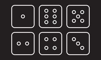 Game dice icons. Set of six dice faces showing numbers one to six. Dice game flat vector. Dot on cube of casino. Vector illustration.