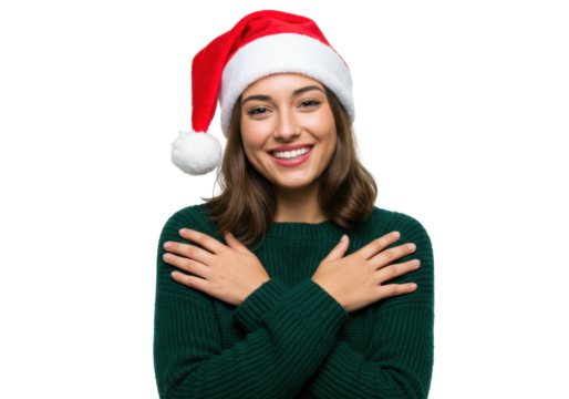 Smiling woman in Santa hat and green sweater isolated PNG, Christmas holiday season