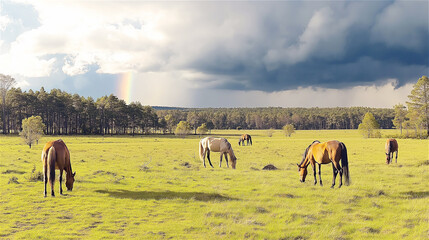 Obraz premium Peaceful rural pasture with grazing horses under dramatic sky. The vast open field, natural colors, and distant forest line evoke calm countryside vibes. Great for agricultural or travel concepts.
