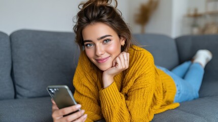Cheerful woman having a virtual chat with friends while lounging on the sofa.