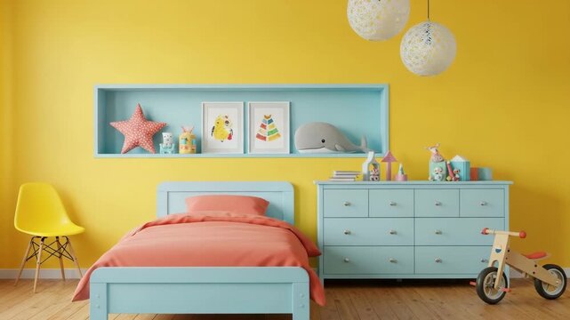 A charming kids bedroom featuring a yellow wall, a light blue bed with an orange blanket, and a matching dresser, creating a cozy and playful atmosphere ai generated vedio