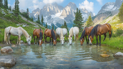 Horses drinking water in mountain stream surrounded by pine forest. Image evokes harmony, freedom, and connection with nature, ideal for outdoor lifestyle visuals.