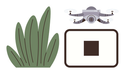 Surveillance quadcopter hovering near a green shrub sending data to a connected tracking display. Ideal for technology, automation, farming, surveillance, innovation, Quadcopter delivery, remote
