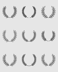 Set of wreaths and branches with leaves. Hand drawing laurel wreaths and branches collection. Laurels wreaths, swirls, twigs and flower ornaments .Black Laurel Wreath Vector Graphic on White Backgroug