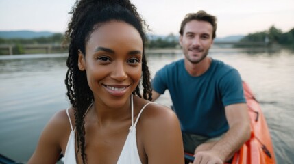 Confident interracial couple, one black and one white, kayaking together on a peaceful river with a sunset view.