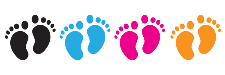 Fototapeta premium Baby footprint silhouettes. Baby feet sign. pairs of pink and blue, yellow, black footprints. Vector Illustration