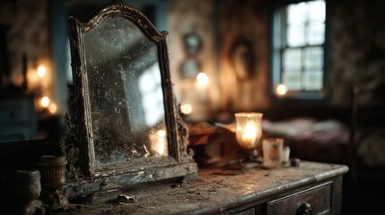 An antique mirror and lit candles on a dresser create a vintage and rustic atmosphere