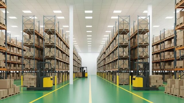 Inside a vast warehouse with rows of shelves filled with cardboard boxes and forklifts, showcasing a wellorganized and efficient distribution center operation ai generated vedio