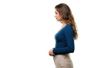 Attractive young woman in blue top isolated PNG, side view portrait on transparent background
