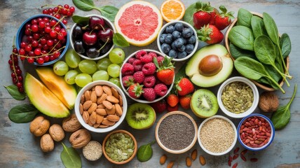 Vibrant assortment of healthy superfoods promotes wellness and energy for active lifestyle
