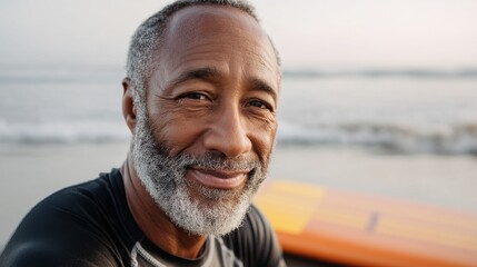 Elderly African American man with a beard surfing at sunset, showcasing an adventurous spirit. 